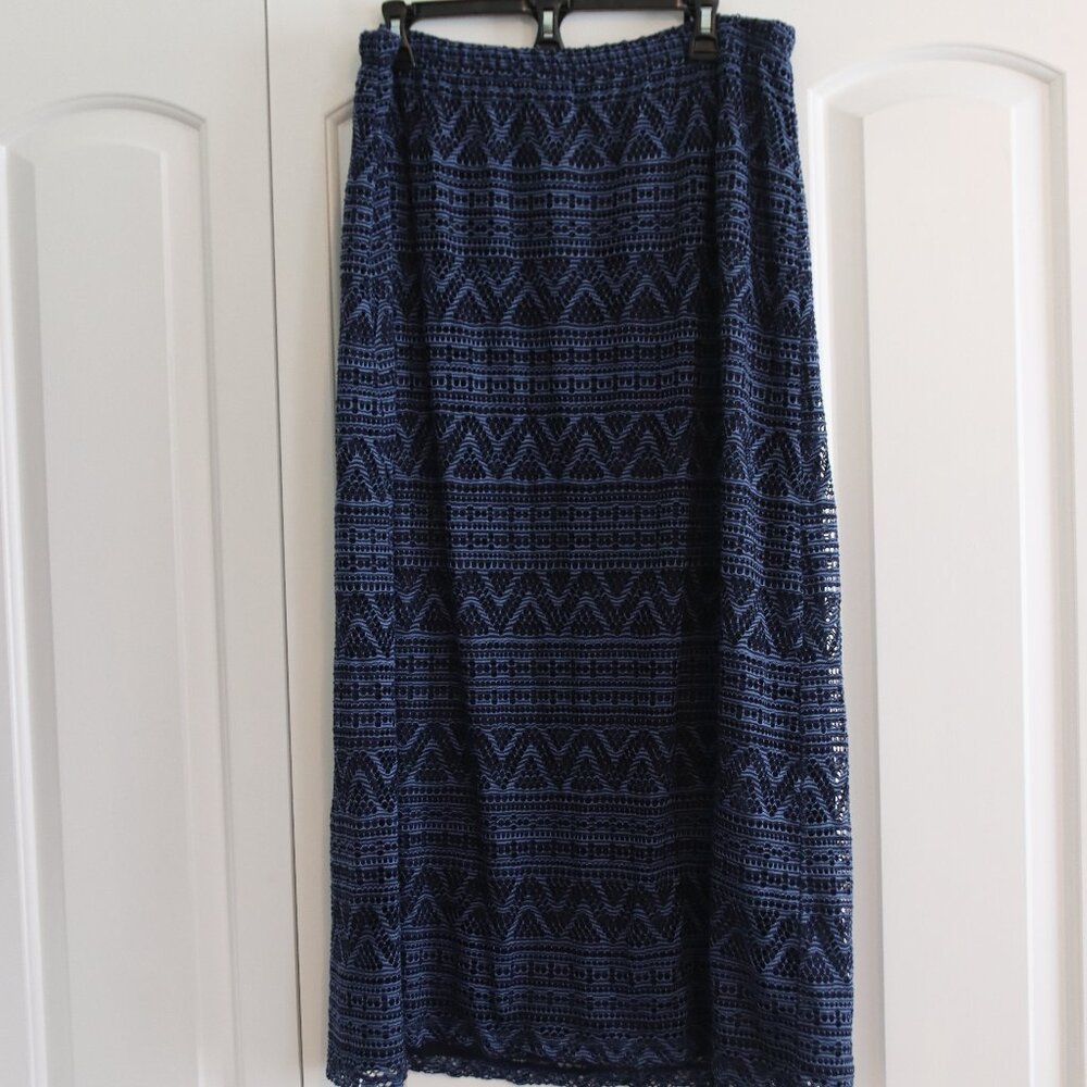 CJ Banks Long Blue Lined Elastic Waist Skirt Geometric Pattern Size 1X